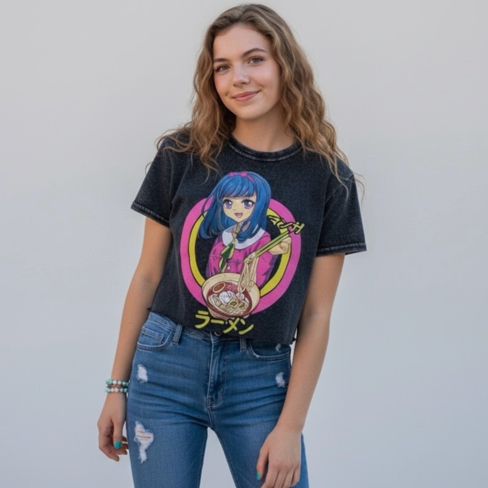 Fifth Sun Black Acid Wash Anime Girl Eating Ramen Graphic Tee Shirt Pink Blue XS
